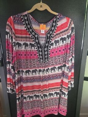 Ruby Rd. Pink Coral Elephant-Print Tunic with Embroidered V-Neck